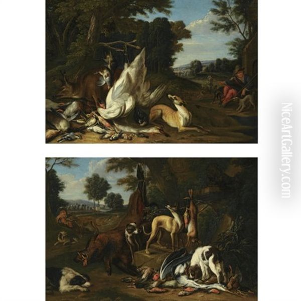 Game Still Life Of A Dead Roebuck, A Swan And Songbirds, Guarded By A Hound, A Hunter With His Hounds In The Background (+ Game Still Life Of A Wild Boar, A Hare And Songbirds, Guarded By Three Hounds, A Hunter Resting In The Background; Pair) Oil Painting by Adriaen de Gryef