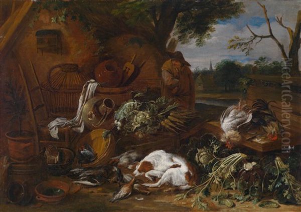 Ein Schlafender Hund Vor Einem Stillleben Mit Federvieh Und Gemuse Vor Landlicher Kulisse Oil Painting by Adriaen de Gryef