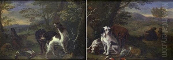 Chien Devant Un Trophee De Chasse Avec Chasseurs Au Repos (+ Trois Chiens Dans Un Paysage Pres D'un Trophee De Chasse; 2 Works) Oil Painting by Adriaen de Gryef