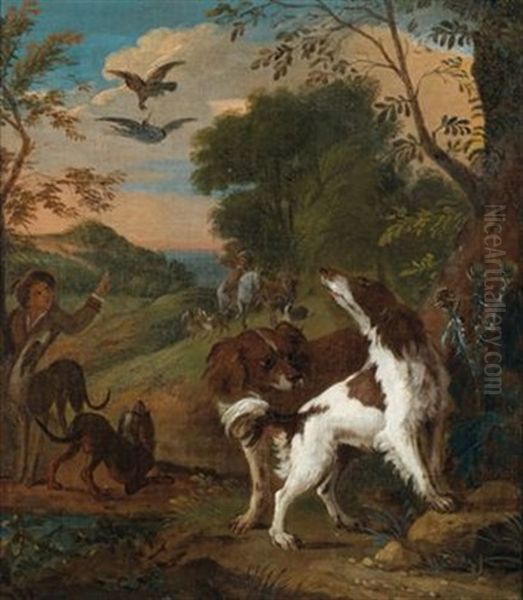 Jagdhunde Nehmen Die Witterung Auf, Im Hintergrund Ein Berittener Jager Oil Painting by Adriaen de Gryef