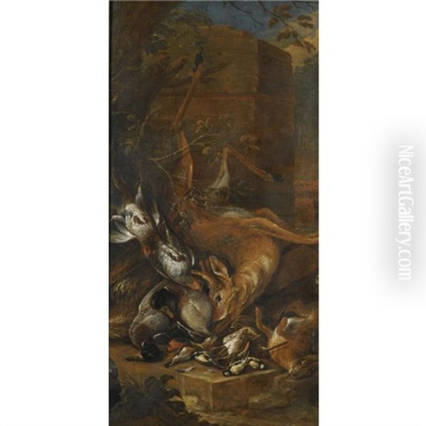 Still Life Of A Dead Roebuck And Other Game (+ Still Life Of A Dead Hare And Other Game With Hunting Dogs; Pair) Oil Painting by Adriaen de Gryef