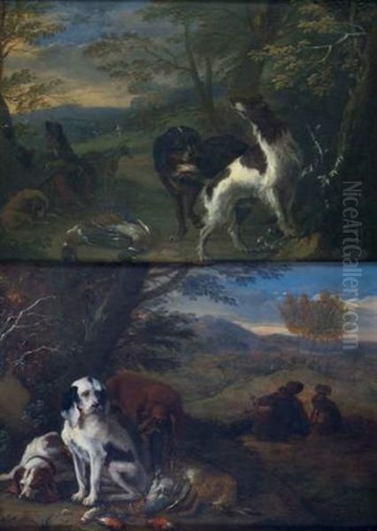 Chien Devant Un Trophee De Chasse Avec Chasseurs Au Repos (+ Trois Chiens Dans Un Paysage Pres D'un Trophee De Chasse; 2 Works, Various Sizes) Oil Painting by Adriaen de Gryef