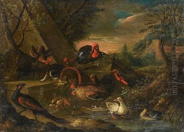 Turkeys, Cockerels And Ducks Surprised By A Cat Oil Painting by Adriaen de Gryef