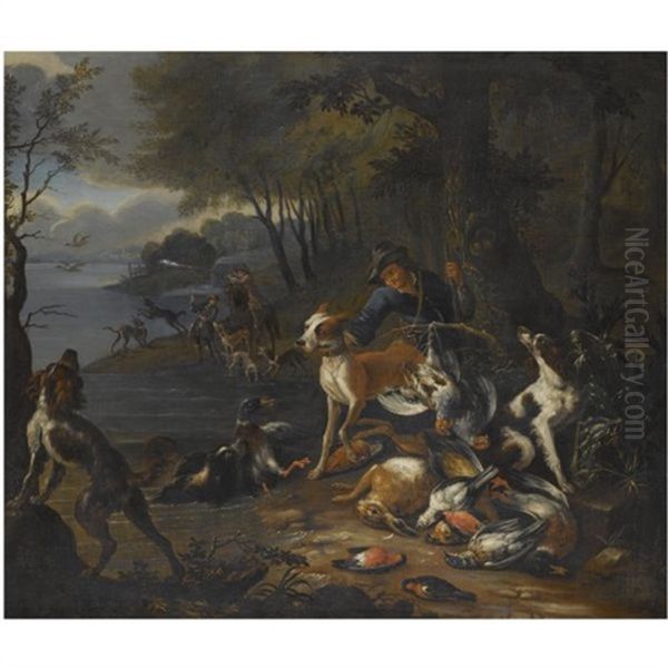 A Wooded Landscape With Huntsmen And Their Hounds On The Banks Of A Lake, An Abundance Of Dead Game In The Foreground Oil Painting by Adriaen de Gryef