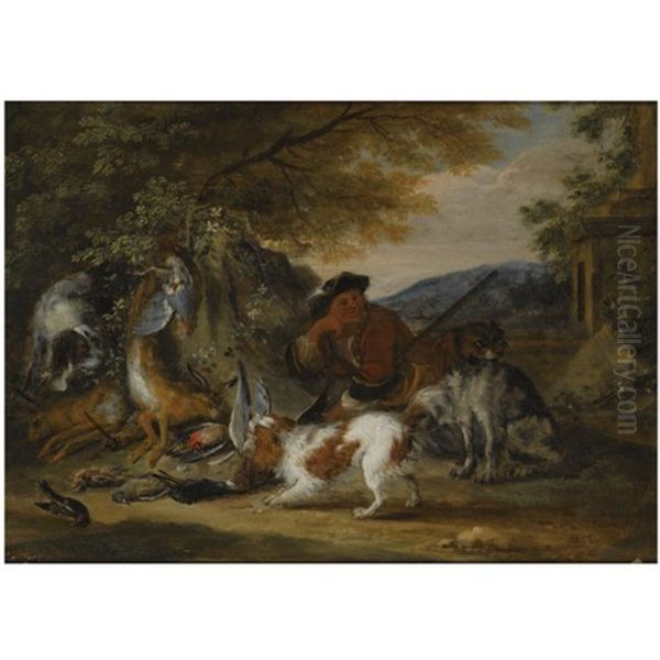 A Wooded Landscape With A Huntsman Resting With His Hounds, Near A Hunting Still Life Of Dead Hares And Songbirds Oil Painting by Adriaen de Gryef