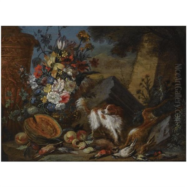 A Still Life With A Bouquet Of Flowers In A Vase, A Pumpkin, Prunes And Peaches, And A Dead Hare And Dead Birds In The Foreground, Together With A Dog Oil Painting by Adriaen de Gryef