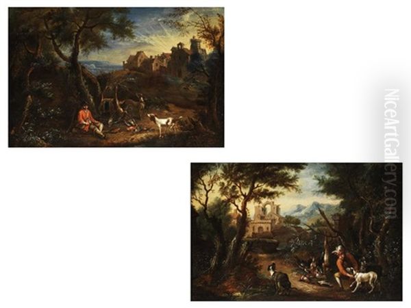 Fantasielandschaften Mit Gebauden (+ Jager Mit Hunden; Pair) Oil Painting by Adriaen de Gryef