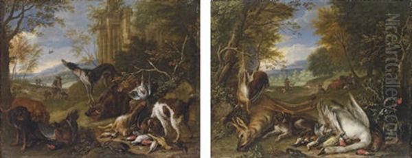 A Hound Guarding Dead Game Birds, A Stag And A Hare (+ Hounds With A Dead Swan, Hare And A Boar; Pair) Oil Painting by Adriaen de Gryef