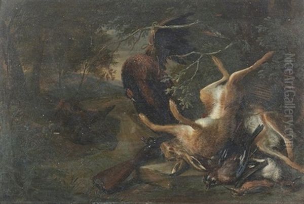 Waldlandschaft Mit Erlegtem Hasen Und Federvieh (+ Waldlandschaft Mit Erlegten Hasen, Federvieh Und Einer Flinte; 2 Works) Oil Painting by Adriaen de Gryef