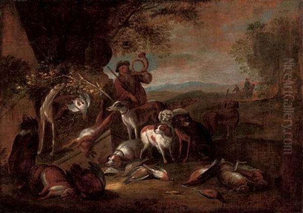 A Hunting Party At Rest With The Kill Under A Tree Oil Painting by Adriaen de Gryef