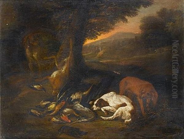 Spaniels Beside A Dead Heron, Finches And Hare In A Landscape (+ A Hound And A Spaniel With Dead Ducks, Finches And Hare In A Landscape With A Huntsman Resting Nearby; Pair) Oil Painting by Adriaen de Gryef