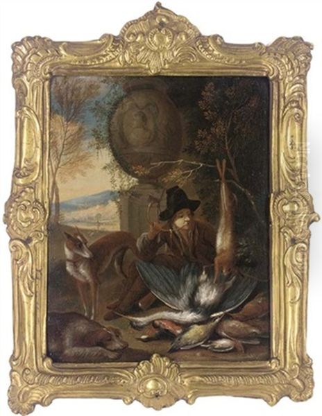 A Huntsman Resting By A Sculpted Stone Urn On A Plinth With A Dead Hare Suspended From A Tree And Dead Game On The Ground, And Two Dogs Oil Painting by Adriaen de Gryef