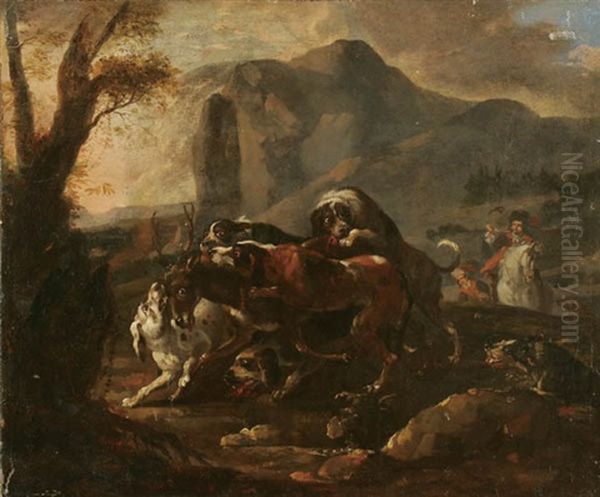 Stag Hunt With Horsemen In Background Oil Painting by Adriaen de Gryef