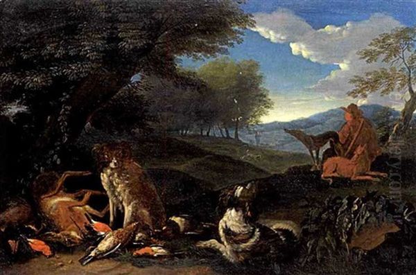 Bewaldete Landschaft Mit Jagdhunden Und Beute Im Vordergrund Oil Painting by Adriaen de Gryef