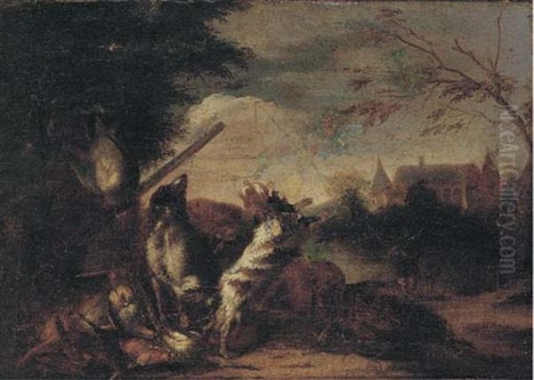 A Wooded River Landscape With A Huntsman And His Dogs (+ A Wooded River Landscape With Dead Game In A Clearing; Pair) Oil Painting by Adriaen de Gryef