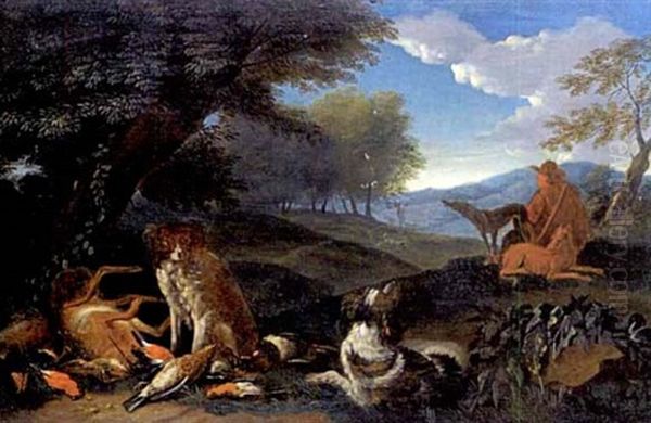 Bewaldete Landschaft Mit Jagdhunden Und Beute Im Vordergrund Oil Painting by Adriaen de Gryef