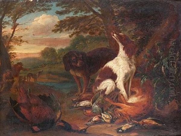 A Hunting Still Life With A Spaniel Guarding A Swan, Mallard And Songbirds In A Landscape With A Sportsman Beyond (+ A Hunting Still Life With Spaniels Guarding A Hare And Pheasant; Pair) Oil Painting by Adriaen de Gryef