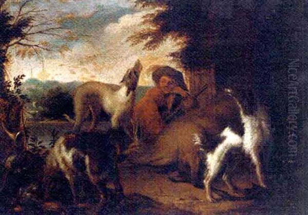 A Wooded River Landscape With A Huntsman And His Dogs  (+ A Wooded River Landscape With Dead Game In A Clearing; Pair) Oil Painting by Adriaen de Gryef