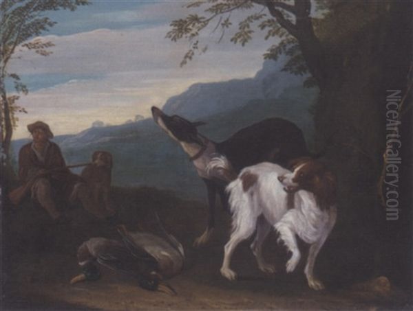 A Wooded Landscape With A Huntsman Resting With His Dogs, A Spaniel And A Greyhound In The Foreground With Dead Game Oil Painting by Adriaen de Gryef