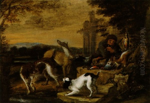 Ein Jager Mit Seiner Jagdbeute Und Hunden In Einer Bewaldeten Landschaft Oil Painting by Adriaen de Gryef