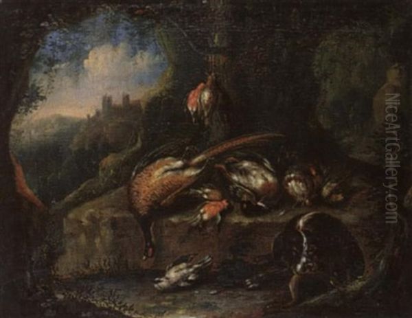 Jagdstilleben Mit Erlegtem Wildgeflugel Vor Landschaftshintergrund Oil Painting by Adriaen de Gryef