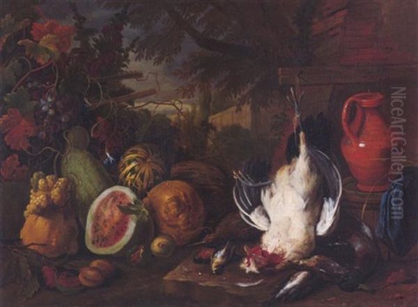 Stilleben Mit Vogeln Und Fruchten In Einer Landschaft Oil Painting by Adriaen de Gryef