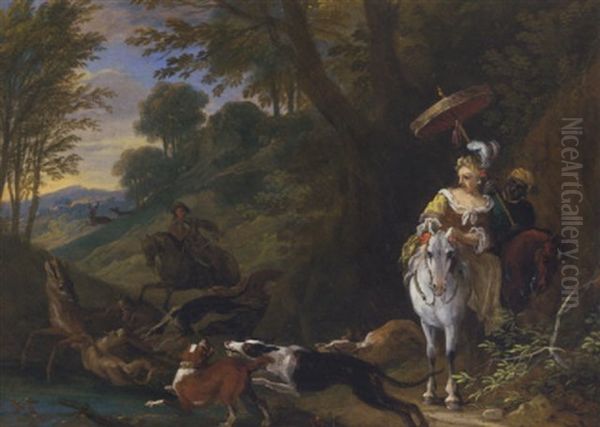 A Wooded Landscape With A Stag Hunt Interrupting An Elegant Lady And Her Servant Oil Painting by Adriaen de Gryef