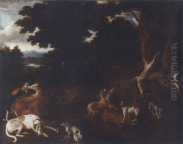 Chiens Et Chasseur Entoures De Gibier Oil Painting by Adriaen de Gryef