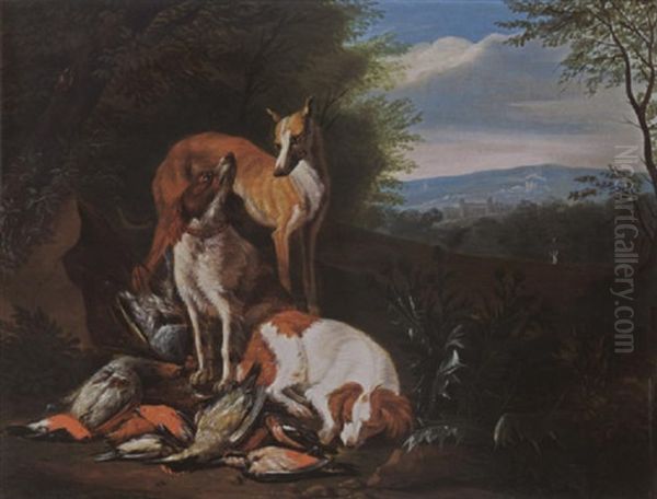 A Hunting Still Life With Partridges, A Woodpecker And Other Birds, Together With Dogs, In A Wooded Landscape Oil Painting by Adriaen de Gryef