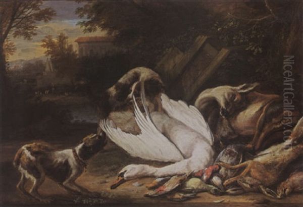 A Hunting Still Life With A Swann, A Deer, A Hare, And Birds, Together With Two Dogs Oil Painting by Adriaen de Gryef