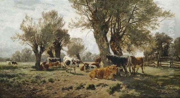 Cattle Herd Underpollarded Willows. Oil Painting by Hermann Baisch