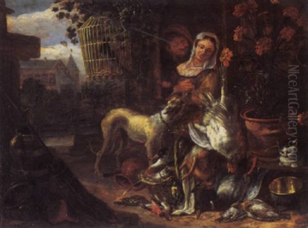 An Amorous Couple At A Window With Dead Game, A Hound And Cat In A Yard, A Church Beyond Oil Painting by Adriaen de Gryef