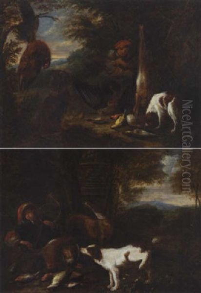 Landscape With Huntsmen And Spaniels With Their Game Oil Painting by Adriaen de Gryef