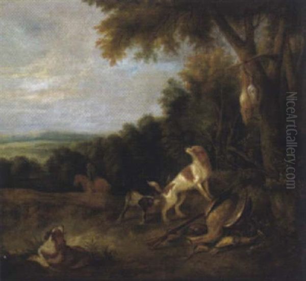 Hunde Mit Jagdbeute In Einer Bewaldeten Landschaft Oil Painting by Adriaen de Gryef