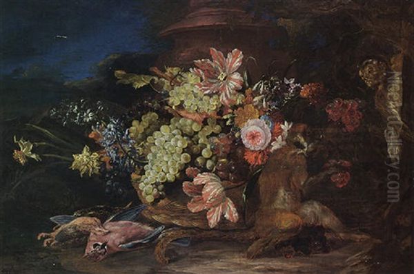 A Still Life With Grapes And Flowers In A Basket With Birds And Monkeys In A Landscape Setting With A Pot Oil Painting by Adriaen de Gryef