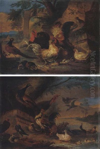 A Classical Landscape With Bantams Fighting, Together With A Turkey, A Pheasant And Guinea Pigs Oil Painting by Adriaen de Gryef