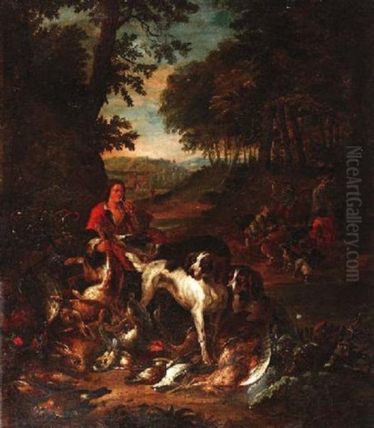 Groses Jagdstilleben Mit Jagdgesellschaft Und Beute Oil Painting by Adriaen de Gryef