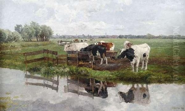 Gazing Land Withcattle In Front Of A Town Silhouette. Oil Painting by Hermann Baisch