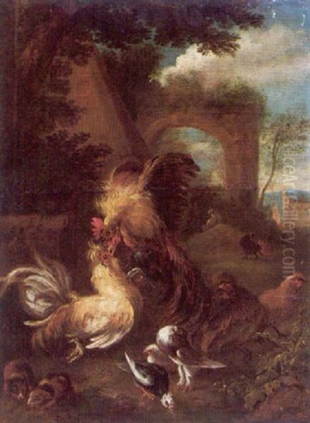 Landscape With Bantam Cockerels Fighting Together With Guinea Pigs And Doves Oil Painting by Adriaen de Gryef