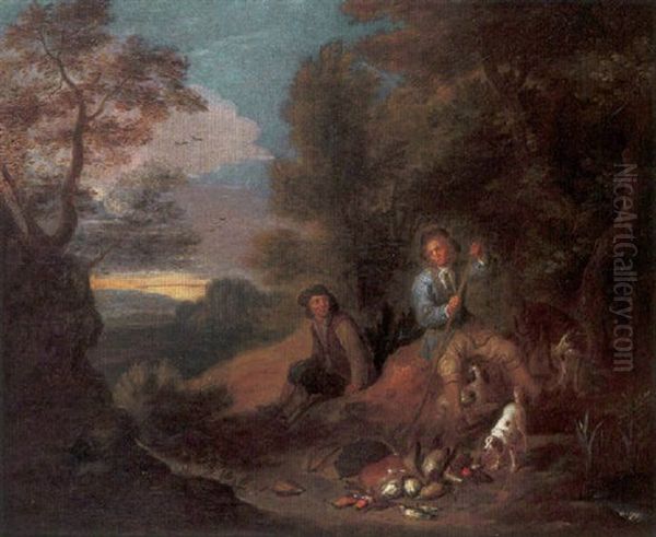 A Huntsman Cleaning His Musket, With His Assistant, Game And Dogs Nearby, In A Wooded Landscape Oil Painting by Adriaen de Gryef