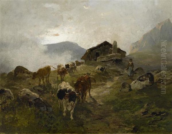 Cows In The Mountain Pasture Oil Painting by Hermann Baisch