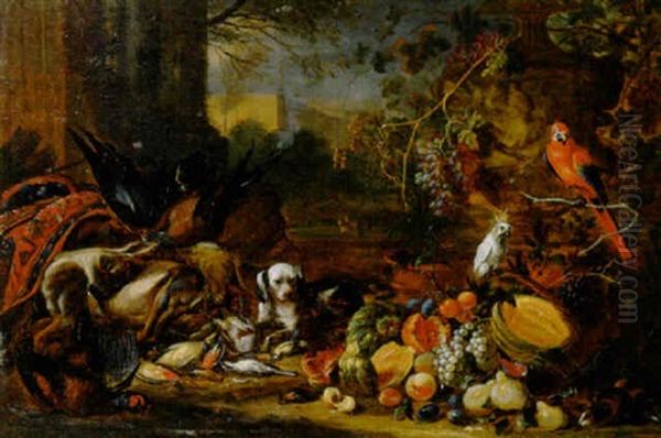 A Hound, Watching Dead Game And Fruits With Guineapigs, A Parrot And A Cockatoo, In A Classical Landscape Oil Painting by Adriaen de Gryef