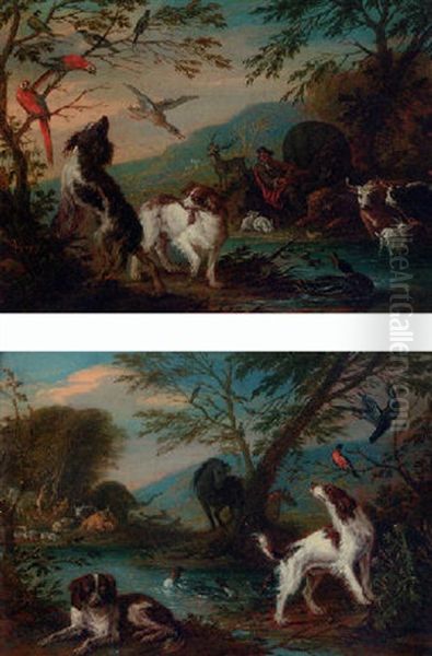 Spaniels Flushing A Mallard With Orpheus Charming The Animals Beyond Oil Painting by Adriaen de Gryef