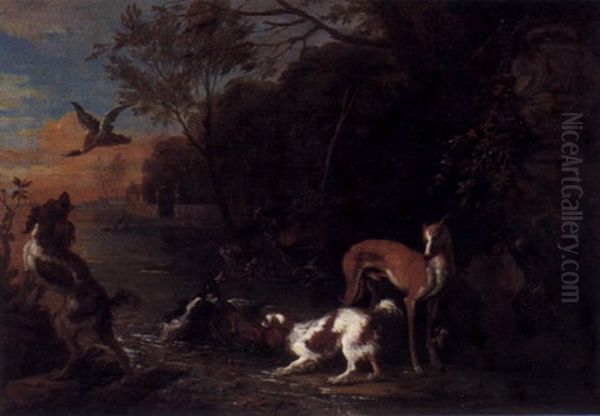 Jagdhunde Und Wildenten Am Ufer Eines Schlosteiches Oil Painting by Adriaen de Gryef