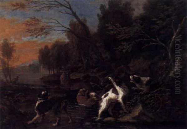 Hirschjagd In Einer Wasserreichen Waldlandschaft Oil Painting by Adriaen de Gryef