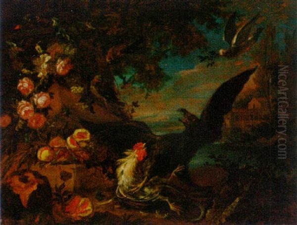 A Hawk Attacking A Chicken On A Bank With Flowers And Fruit, A Landscape Beyond Oil Painting by Adriaen de Gryef