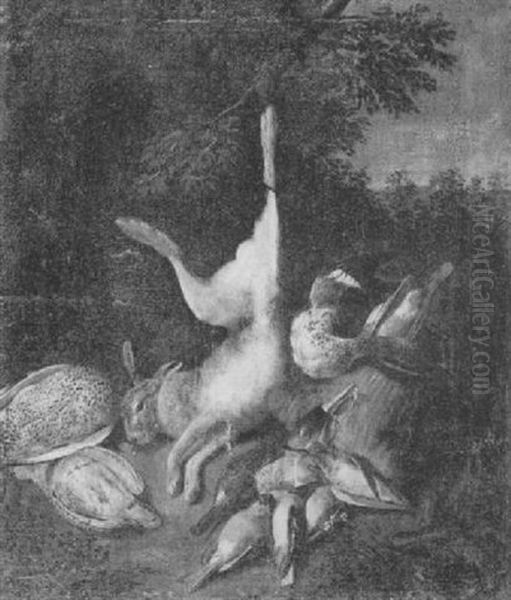 A Still Life Of A Dead Hare, Fowl And Songbird On A Woodland Floor, A Landscape Beyond Oil Painting by Adriaen de Gryef