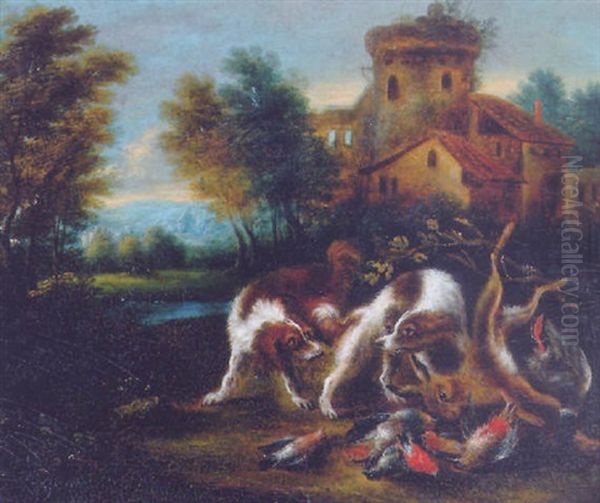 Hounds Watching Dead Game In A Landscape Oil Painting by Adriaen de Gryef