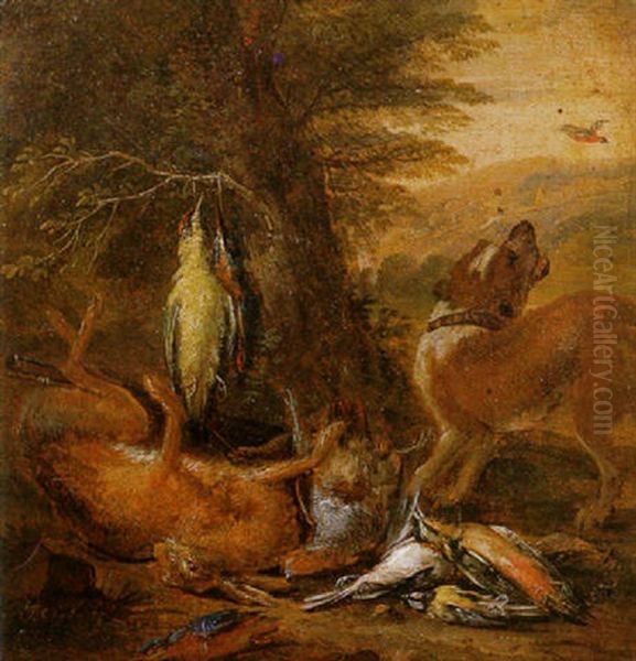 Still Life Of Game Being Guarded By A Hound, In A Landscape Oil Painting by Adriaen de Gryef