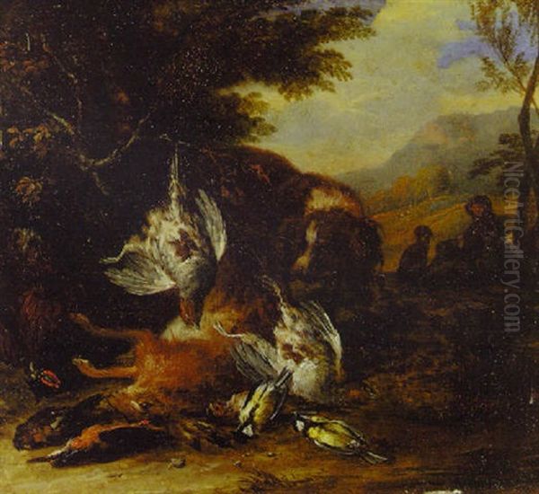 A Dead Hare, A Brace Of Partridge And Other Birds With A Spaniel, A Hunter And Dog Beyond, In A Wooded Landscape Oil Painting by Adriaen de Gryef